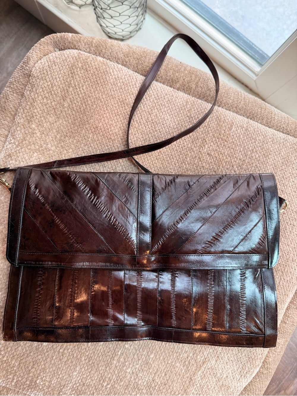 Vintage Eel Skin Dark Brown Leather Shoulder Bag